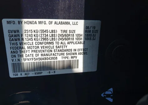 2019 Honda Pilot Ex-L z USA, uszkodzony, nr VIN 5FNYF5H56KB043938